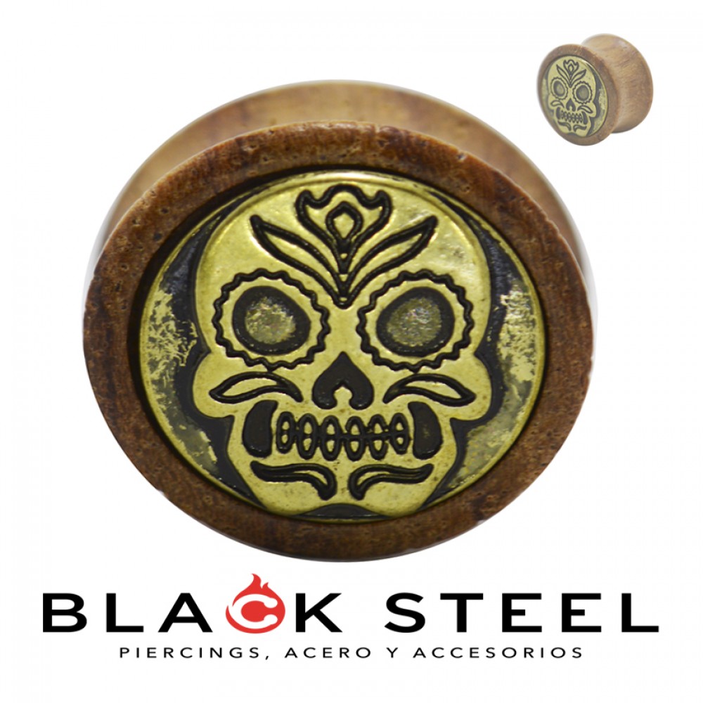 Plug Wood Sugar Skull Black Steel Piercing